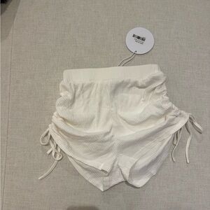 White Ribbed Drawstring Shorts